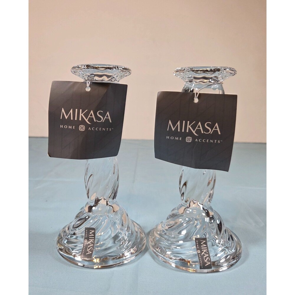 New Mikasa Home Clear Glass Swirl Stem Taper Holders 6.5" Candlesticks Pair